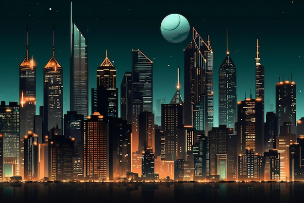 Paisagem urbana noturna com arranha-céus iluminados e lua