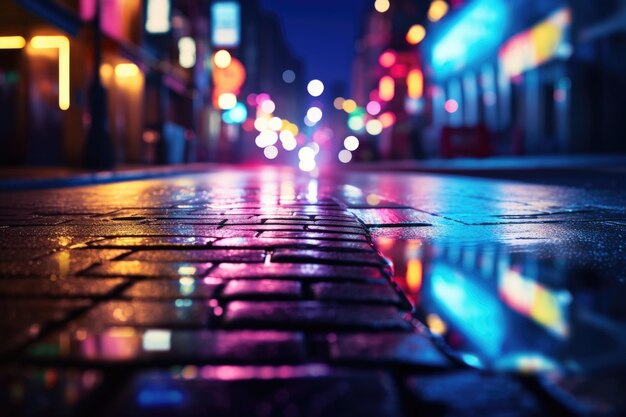 Foto paisagem urbana noturna com luzes de néon multicoloridas e reflexos na água