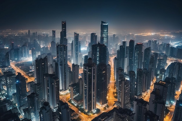 Paisagem urbana noturna e edifícios altos no centro da metrópole