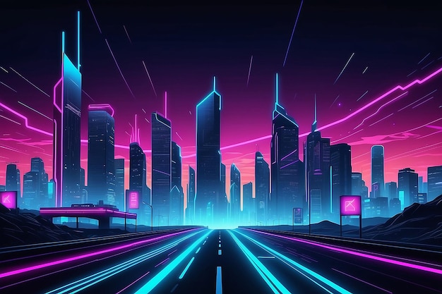 Paisagem urbana noturna futurista em um fundo de skyline de néon com luz de néon brilhante Vista de perspectiva da rodovia Ilustração vetorial de estilo Cyberpunk e retro wave