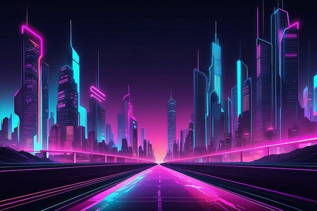 Paisagem urbana noturna futurista em um fundo de skyline de néon com luz de néon brilhante Vista de perspectiva da rodovia Ilustração vetorial de estilo Cyberpunk e retro wave