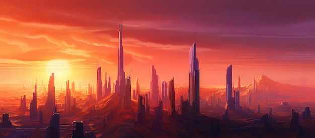 Paisagem urbana panorâmica em estilo futurista cyberpunk arranha-céus altos em cores de néon IA geradora