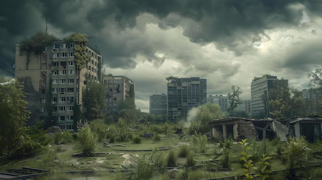 Paisagem urbana pós-apocalíptica com edifícios abandonados sob céus tempestuosos atmosfera sombria e mal-humorada em uma área urbana deserta evocadora de ficção distópica IA