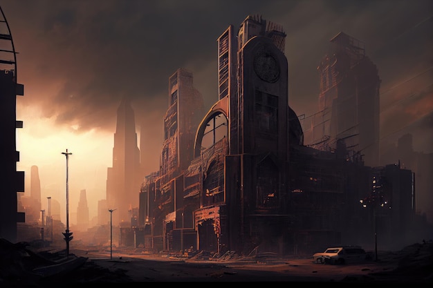 Paisagem urbana pós-apocalíptica com estruturas imponentes e céus esfumaçados criados com IA generativa