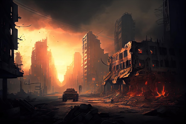Paisagem urbana pós-apocalíptica com fumaça subindo de escombros e incêndios criados com IA generativa