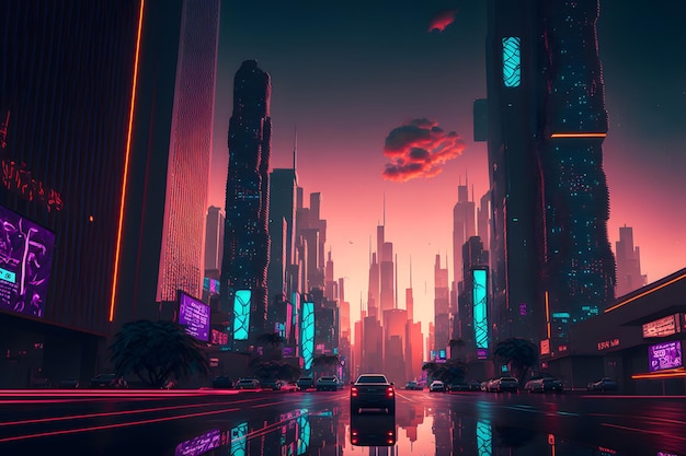 Paisagem urbana retrô Synthwave com edifícios futuristas modernos e luzes de néon Arte gerada pela rede neural