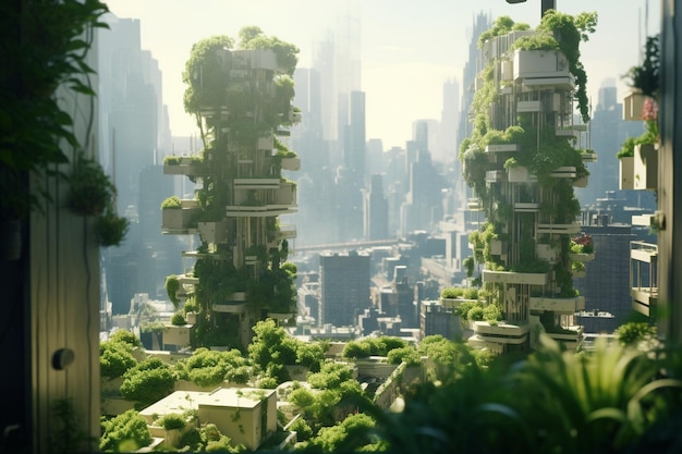 Paisagem urbana tecnoorgânica com arranha-céu inspirado em plantas 00183 00