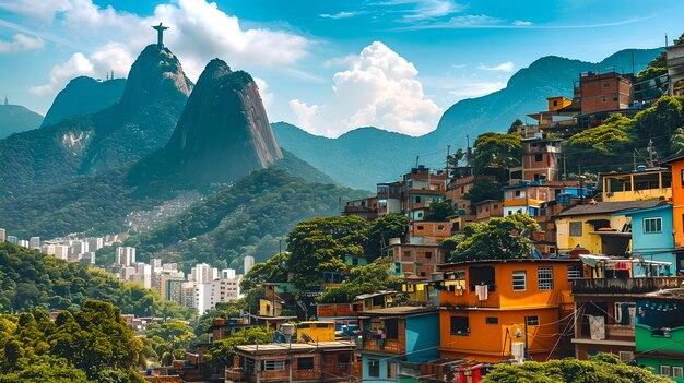 Paisagem urbana vibrante com estátua icônica com vista para uma favela movimentada Diversidade urbana e marcos em um quadro mostram o contraste da vida Horizonte cativante para viajantes do mundo AI