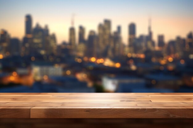 Paisagem urbana vibrante com uma mesa de madeira rústica em foco Estética generativa IA aprimorada Estoque...