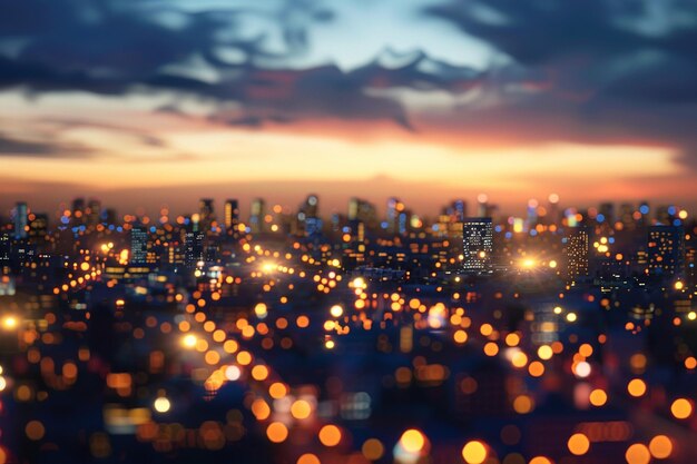 Foto paisagem urbana vibrante no crepúsculo com luzes brilhantes