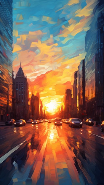 Foto paisagem urbana vibrante pintando carros ao pôr-do-sol com os raios do sol