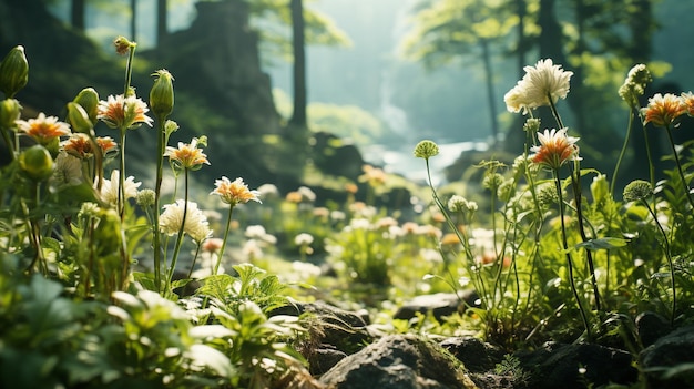 Paisagem verde da floresta com flores desabrochando