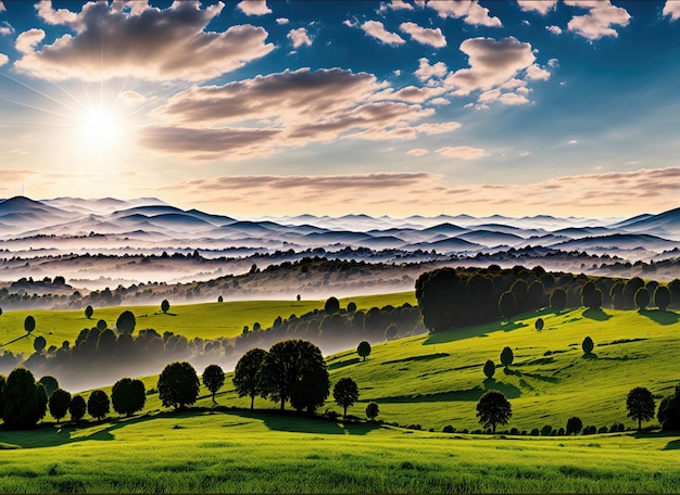 Paisagem verde da montanha contra um céu nublado