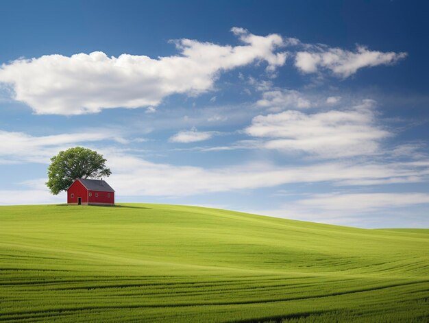 paisagem verde de campos de trigo com um celeiro vermelho e uma árvore solitária