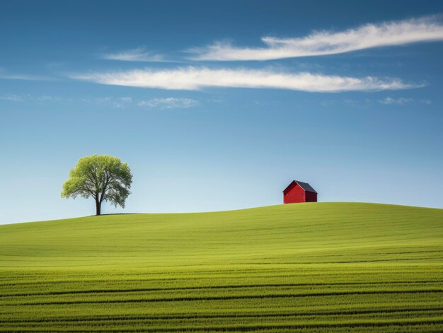 paisagem verde de campos de trigo com um celeiro vermelho e uma árvore solitária