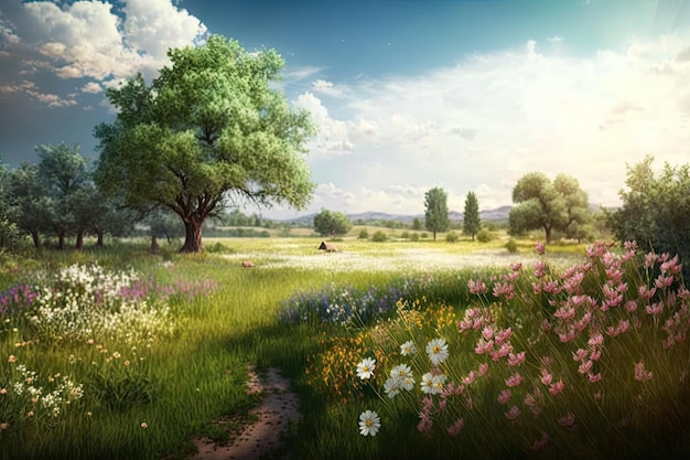 Paisagem verde natural com prado de flores florescendo na primavera criado com generative ai