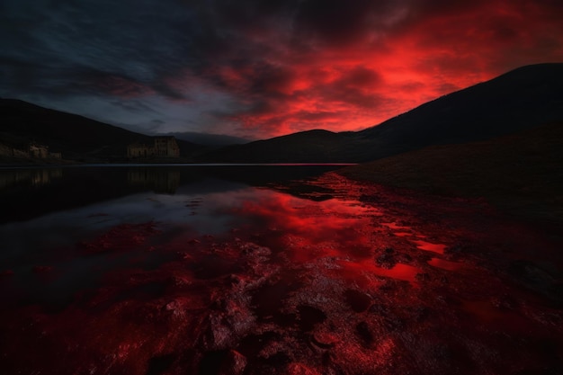 paisagem vermelha com lago e montanhas