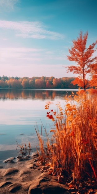 Paisagem vibrante de outono Árvores coloridas e água na costa