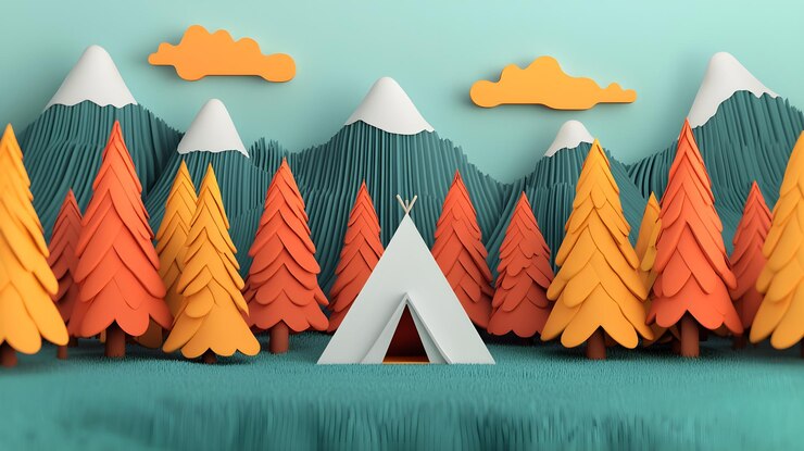 Foto paisagem vibrante gravada em papel com tendas e árvores coloridas