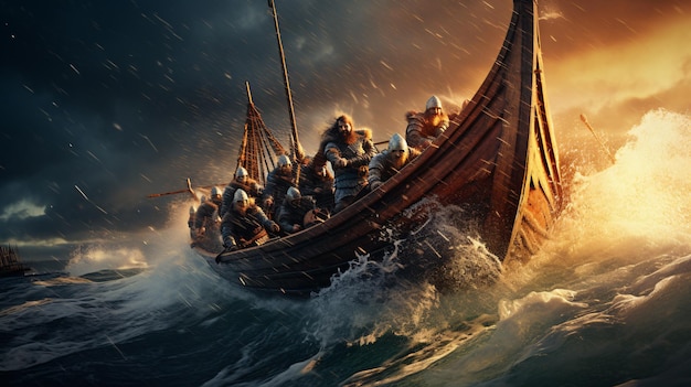 Paisagem vikings em um barco em um oceano de velocidade com luz dramática