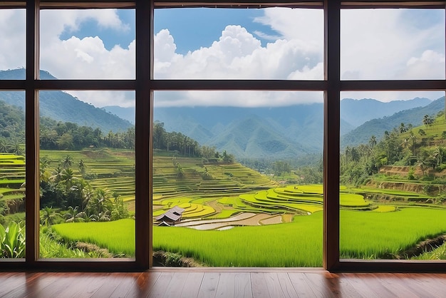 Paisagem vista da natureza vista de fundo a partir da janela em uma maravilhosa paisagem visão da natureza com terraços de arroz e espaço para o seu texto em Chiangmai Tailândia Indochina