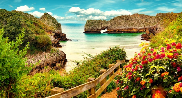 Paisagem vívida da praia na Cantábria com montanhas e vegetação Cenário deslumbrante do litoral,