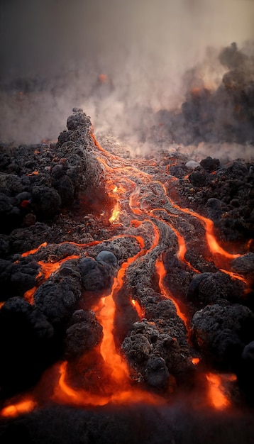 Paisagem vulcânica apocalíptica com lava quente e nuvens de fumaça e cinzas ilustração 3D