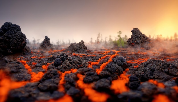 Paisagem vulcânica apocalíptica com lava quente e nuvens de fumaça e cinzas ilustração 3D