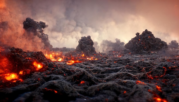 Foto paisagem vulcânica apocalíptica com lava quente e nuvens de fumaça e cinzas ilustração digital