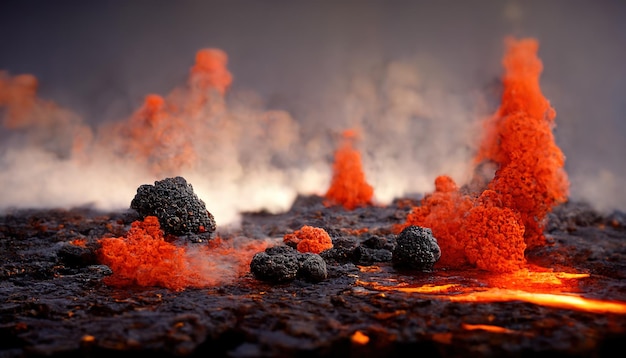 Paisagem vulcânica apocalíptica com lava quente e nuvens de fumaça e cinzas