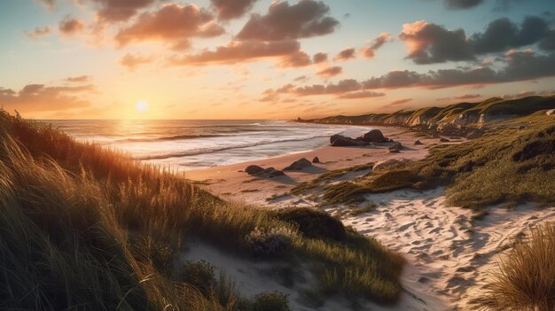 Paisagens costeiras cheias de luz ao pôr-do-sol sobre a praia e as dunas