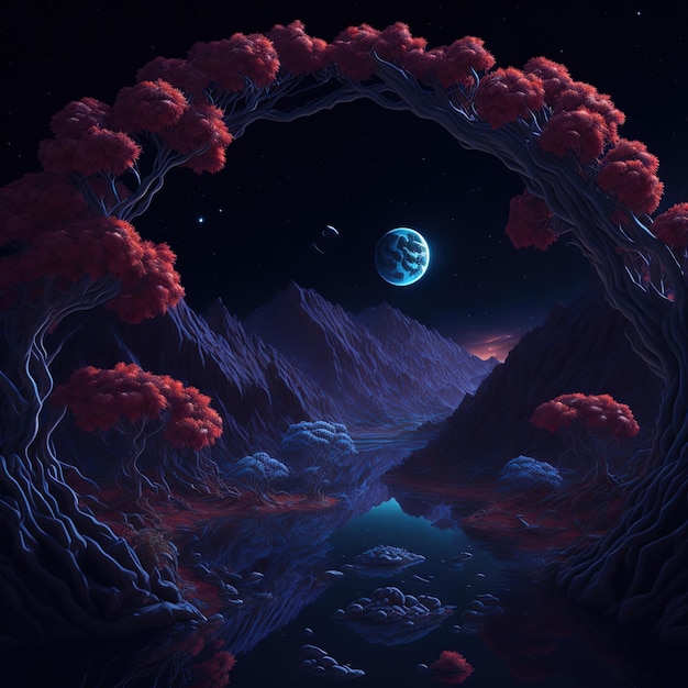 Paisagens de fantasia árvores luminosas a lua ao fundo rios e água