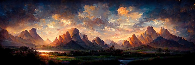 Paisagens de montanha, natureza, viagens, lindo céu, verão, pôr do sol. Ilustração digital, pintura