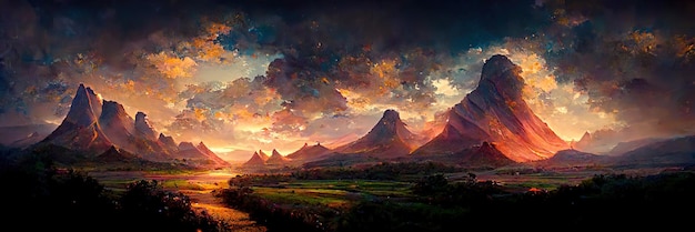 Paisagens de montanha, natureza, viagens, lindo céu, verão, pôr do sol. Ilustração digital, pintura