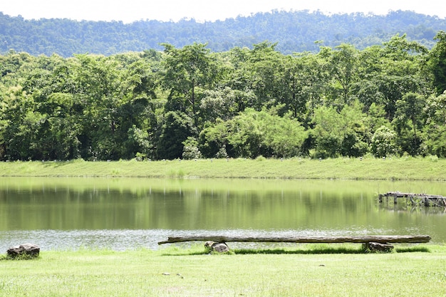 Foto paisagens de montanhas e lago de manhã.