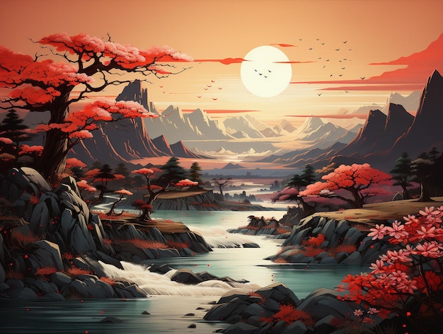 Paisagens de oceano e rio inspiradas em Ukiyoe