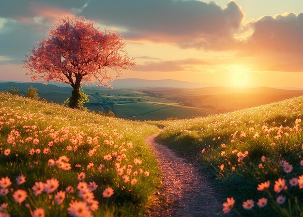 Foto paisagens de primavera com árvores em flor campos de flores em flor dias ensolarados brilhantes