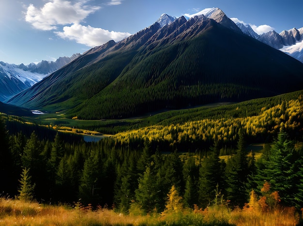 Foto paisagens montanhosas com árvores coníferas um rico esquema de cores vintage e uma sensação de profundidade e dimensão generative ai generated