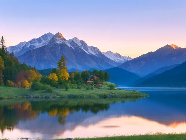 Foto paisagens pacíficas e céus azuis com montanhas lagos e rios gerados pela ia