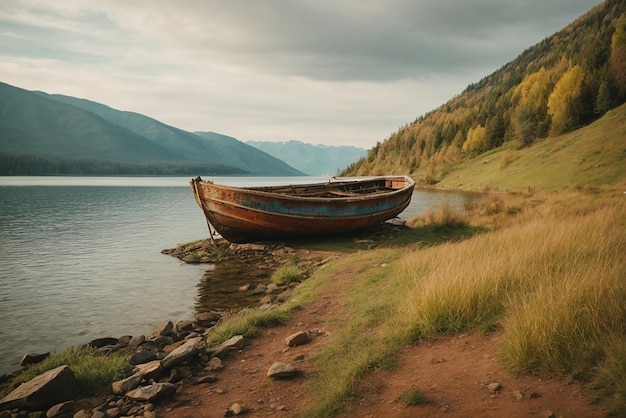 Paisagens pacíficas velho barco de pesca enferrujado na encosta ao longo da costa do lago