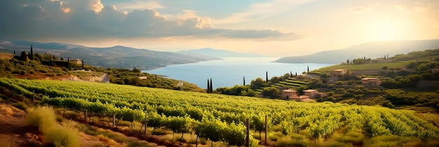 Paisagens serenas nas regiões mediterrâneas com vinhas, olivais e vistas para o mar