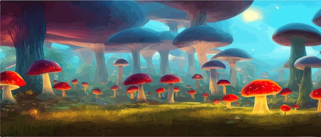Paisagens surreais de cogumelo fantasia paisagem do país das maravilhas com ilustração vetorial de cogumelos da lua Fantasia sonhadora