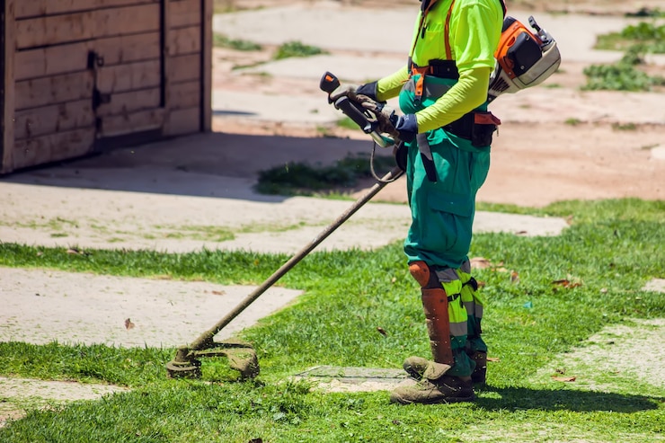 Foto paisagistas de estradas uniformizados, cortando grama no parque, usando cortadores de grama.