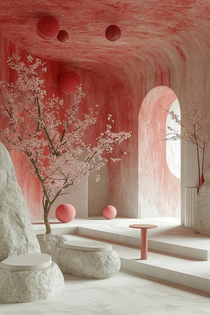 un paisaje abstracto en 3D con sutiles tonos rojos y blancos