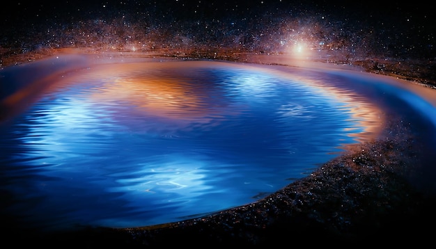 Paisaje abstracto de fantasía nocturna con un cielo estrellado, una piscina natural de agua, un lago en el que la galaxia, la vía láctea, las estrellas del universo, los planetas, se reflejan en la ilustración 3D