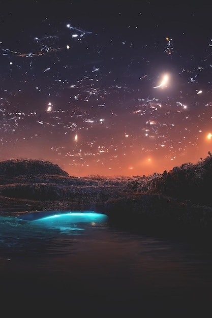 Paisaje abstracto de fantasía nocturna con un cielo estrellado, una piscina natural de agua, un lago en el que la galaxia, la vía láctea, las estrellas del universo, los planetas, se reflejan en la ilustración 3D