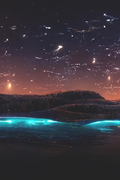 Paisaje abstracto de fantasía nocturna con un cielo estrellado, una piscina natural de agua, un lago en el que la galaxia, la vía láctea, las estrellas del universo, los planetas, se reflejan en la ilustración 3D