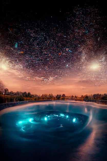 Paisaje abstracto de fantasía nocturna con un cielo estrellado, una piscina natural de agua, un lago en el que la galaxia, la vía láctea, las estrellas del universo, los planetas, se reflejan en la ilustración 3D