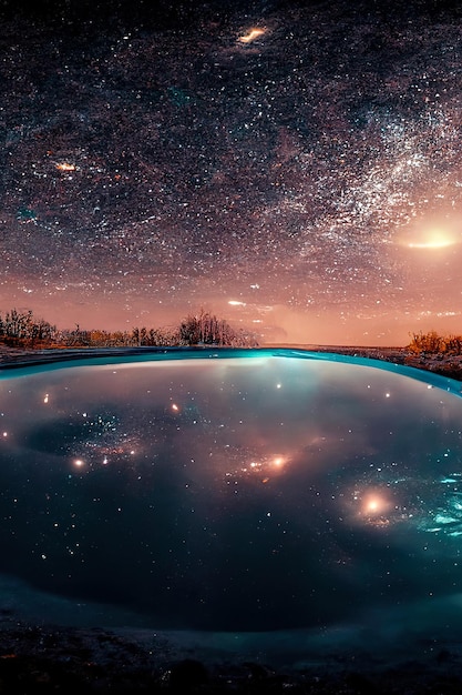 Paisaje abstracto de fantasía nocturna con un cielo estrellado, una piscina natural de agua, un lago en el que la galaxia, la vía láctea, las estrellas del universo, los planetas, se reflejan en la ilustración 3D