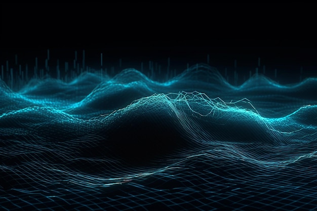 Paisaje abstracto en un fondo oscuro Ilustración 3D de la cuadrícula del ciberespacio